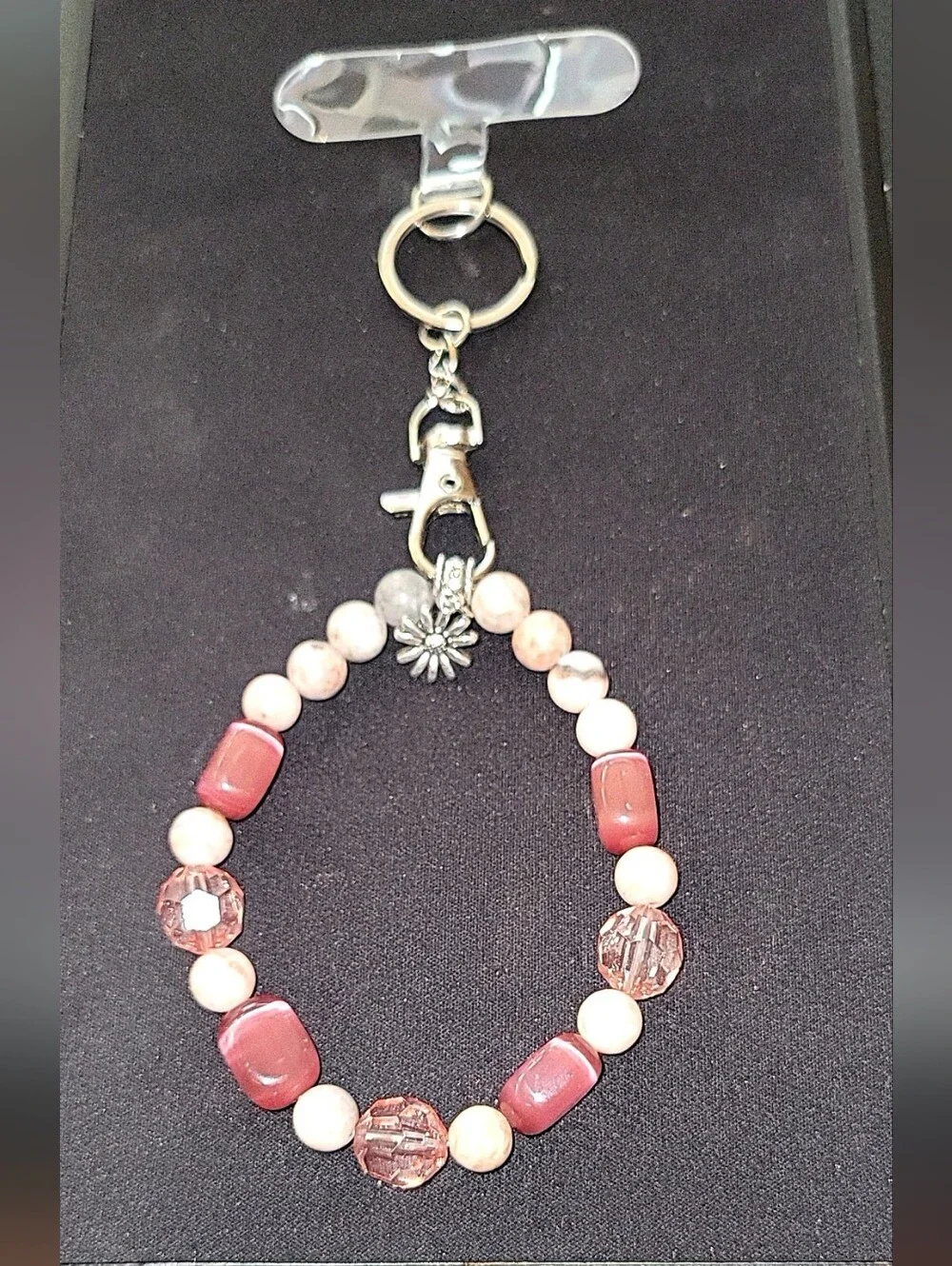 Handmade Beaded Wrist Phone Lanyard Keychain Bracelet Pink Cat's Eye Crystal